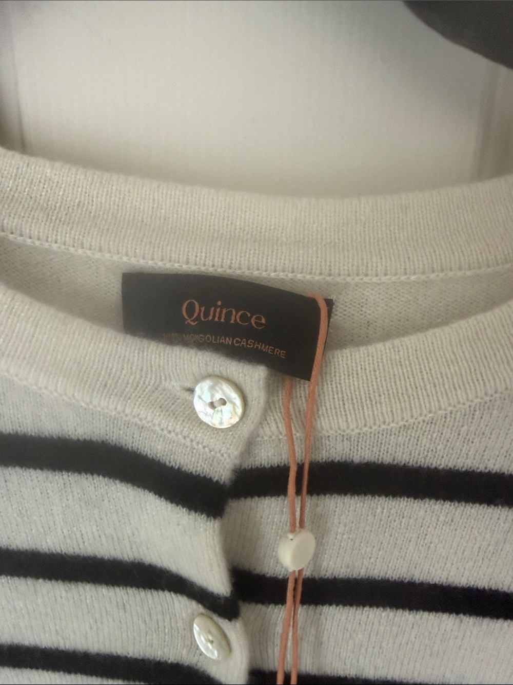 NWT QUINCE CREAM & BLACK STRIPED CASHMERE BUTTON-FRONT CARDIGAN XS - Picture 2 of 6